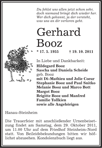 Traueranzeige von Gerhard Booz von OFFENBACH-POST/HANAU-POST