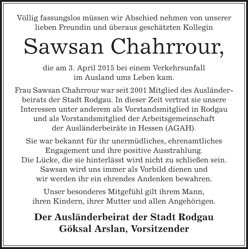 Traueranzeige für Sawsan Chahrrour vom 09.04.2015 aus Offenbach