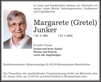 Traueranzeige von Margarete Junker von OFFENBACH-POST/HANAU-POST