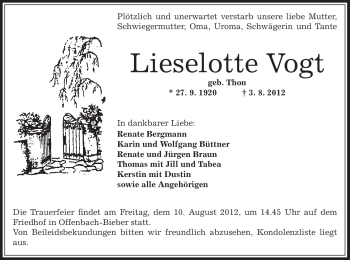 Traueranzeige von Lieselotte Vogt von OFFENBACH-POST/HANAU-POST