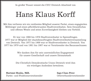 Traueranzeige von Hans Klaus Korff von Offenbach