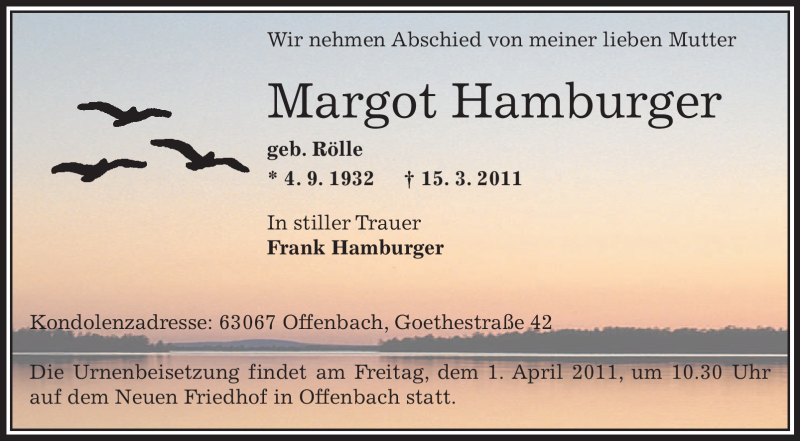  Traueranzeige für Margot Hamburger vom 29.03.2011 aus OFFENBACH-POST/HANAU-POST