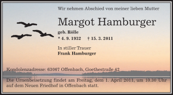 Traueranzeige von Margot Hamburger von OFFENBACH-POST/HANAU-POST