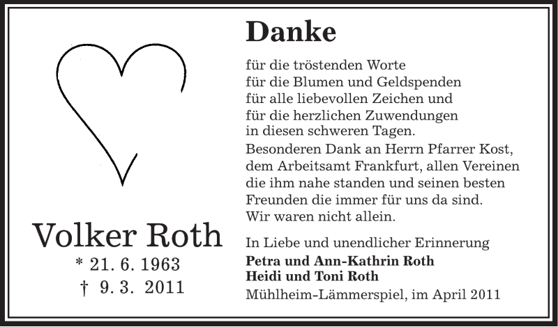  Traueranzeige für Volker Roth vom 09.04.2011 aus OFFENBACH-POST/HANAU-POST