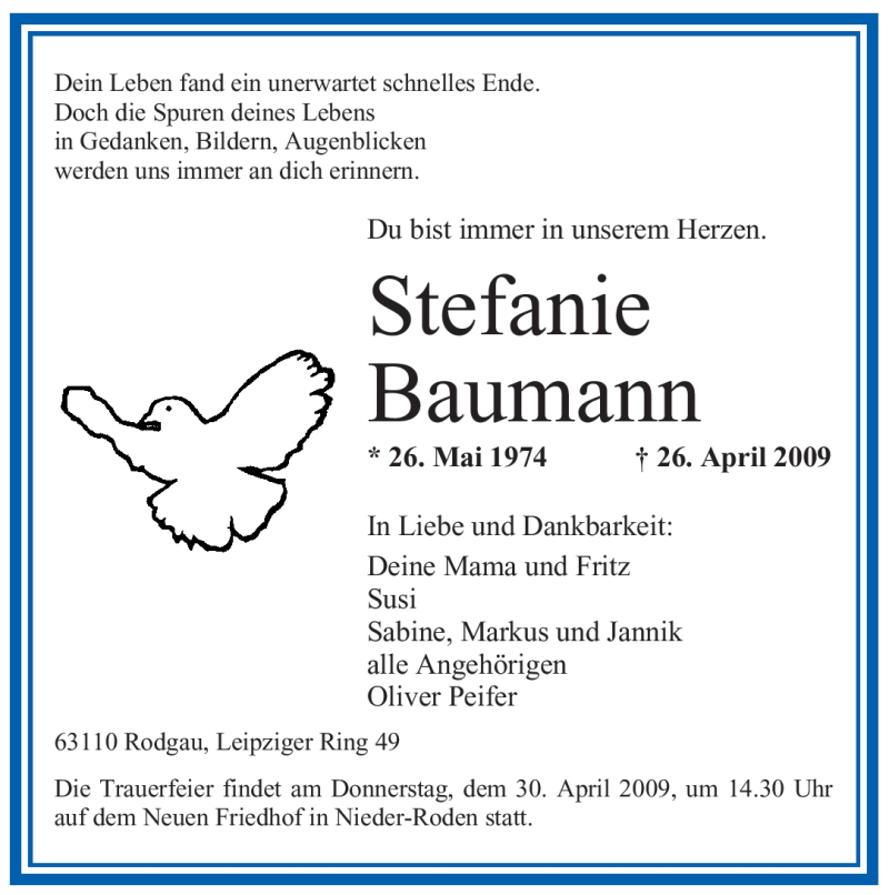  Traueranzeige für Stefanie Baumann vom 29.04.2009 aus OFFENBACH-POST/HANAU-POST
