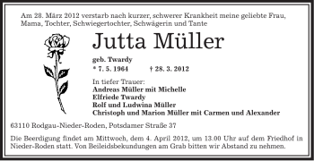 Traueranzeige von Jutta Müller von OFFENBACH-POST/HANAU-POST