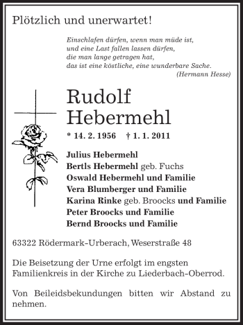 Traueranzeige von Rudolf Hebermehl von OFFENBACH-POST/HANAU-POST