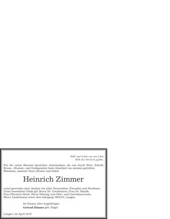 Traueranzeige von Heinrich Zimmer von OFFENBACH-POST/HANAU-POST