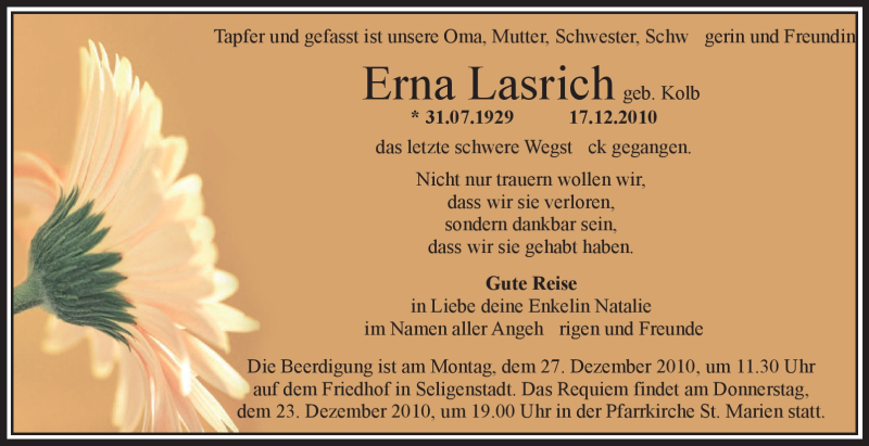  Traueranzeige für Erna Lasrich vom 23.12.2010 aus OFFENBACH-POST/HANAU-POST