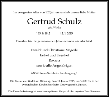 Traueranzeige von Gertrud Schulz von Offenbach