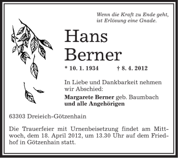 Traueranzeige von Hans Berner von OFFENBACH-POST/HANAU-POST