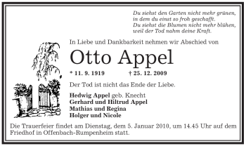 Traueranzeige von Otto Appel von OFFENBACH-POST/HANAU-POST