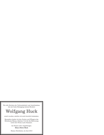 Traueranzeige von Wolfgang Huck von OFFENBACH-POST/HANAU-POST