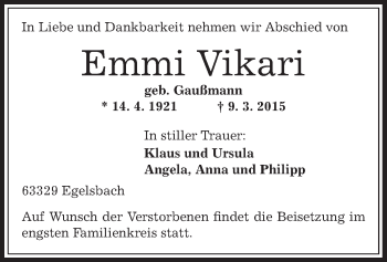 Traueranzeige von Emmi Vikari von Offenbach