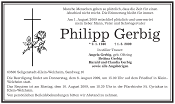 Traueranzeige von Philipp Gerbig von OFFENBACH-POST/HANAU-POST