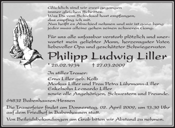 Traueranzeige von Philipp Ludwig Liller von OFFENBACH-POST/HANAU-POST