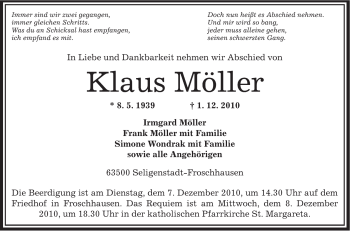 Traueranzeige von Klaus Möller von OFFENBACH-POST/HANAU-POST