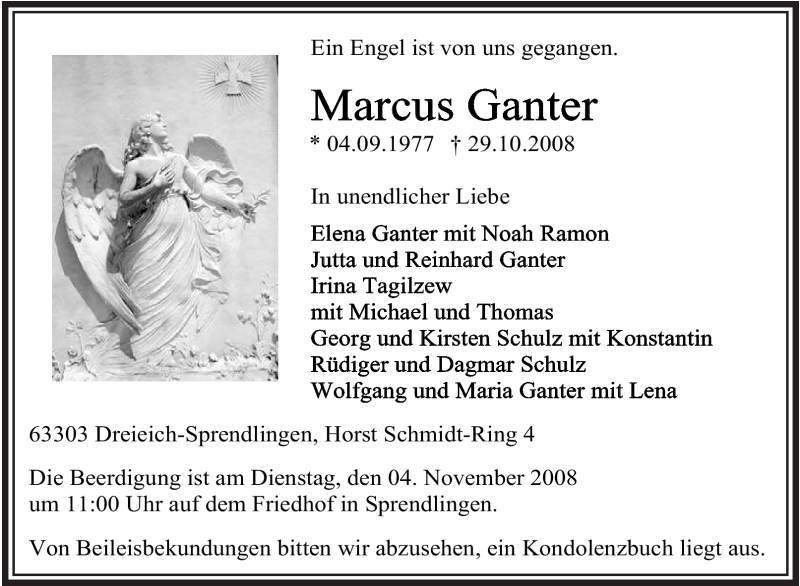  Traueranzeige für Marcus Ganter vom 31.10.2008 aus OFFENBACH-POST/HANAU-POST