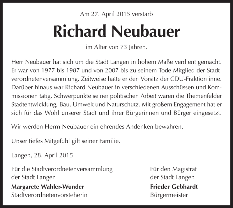  Traueranzeige für Richard Neubauer vom 01.05.2015 aus Offenbach