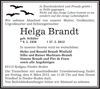 Traueranzeige von Helga Brandt von OFFENBACH-POST/HANAU-POST