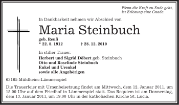 Traueranzeige von Maria Steinbuch von OFFENBACH-POST/HANAU-POST