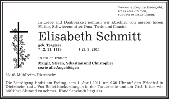 Traueranzeige von Elisabeth Schmitt von OFFENBACH-POST/HANAU-POST