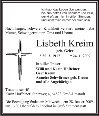 Traueranzeige von Lisbeth Kreim von OFFENBACH-POST/HANAU-POST