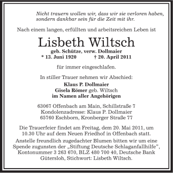 Traueranzeige von Lisbeth Wiltsch von OFFENBACH-POST/HANAU-POST