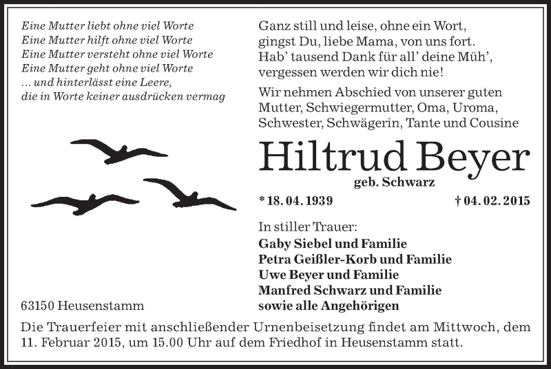  Traueranzeige für Hiltrud Beyer vom 07.02.2015 aus Offenbach