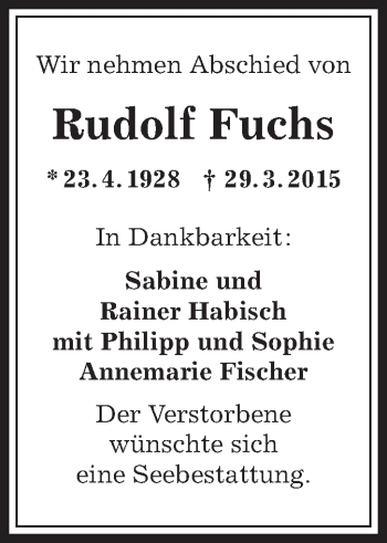 Traueranzeige von Rudolf Fuchs von Offenbach