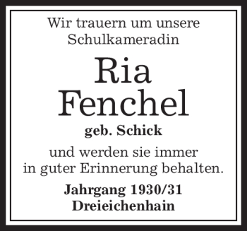 Traueranzeige von Ria Fenchel von OFFENBACH-POST/HANAU-POST