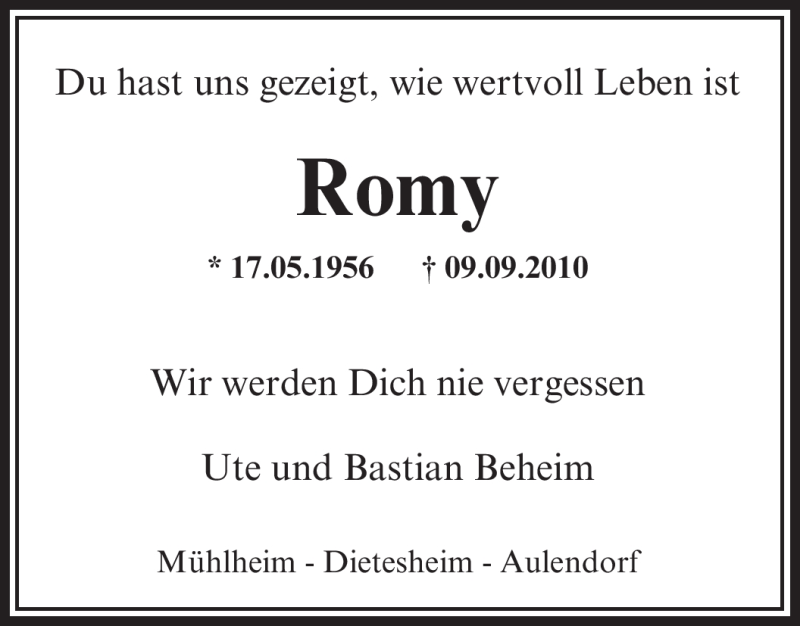  Traueranzeige für Romy Unbekannt vom 11.09.2010 aus OFFENBACH-POST/HANAU-POST