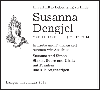 Traueranzeige von Susanna Dengjel von Offenbach