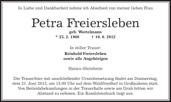 Traueranzeige von Petra Freiersleben von OFFENBACH-POST/HANAU-POST