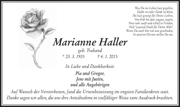 Traueranzeige von Marianne Haller von Offenbach