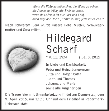 Traueranzeige von Hildegard Scharf von Offenbach