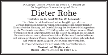 Traueranzeige von Dieter Rohe von OFFENBACH-POST/HANAU-POST