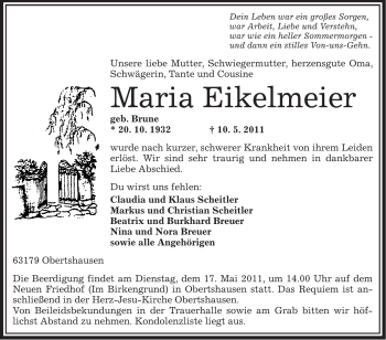 Traueranzeige von Maria Eikelmeier von OFFENBACH-POST/HANAU-POST