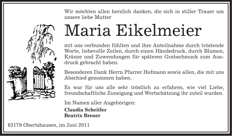  Traueranzeige für Maria Eikelmeier vom 23.06.2011 aus OFFENBACH-POST/HANAU-POST