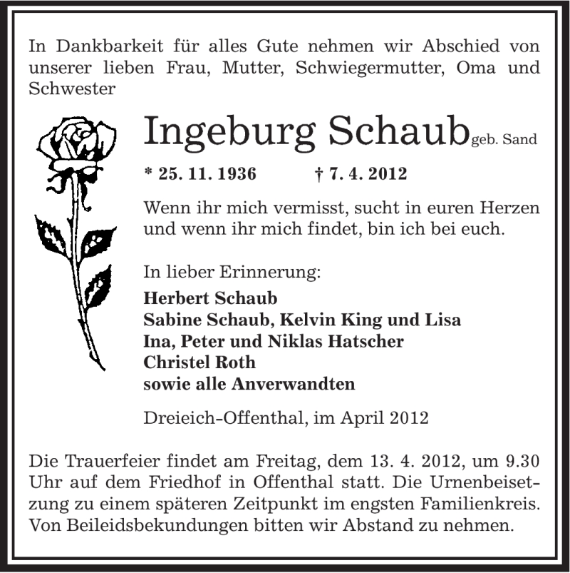  Traueranzeige für Ingeburg Schaub vom 12.04.2012 aus OFFENBACH-POST/HANAU-POST