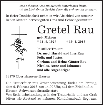 Traueranzeige von Gretel Rau von Offenbach