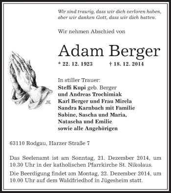 Traueranzeige von Adam Berger von Offenbach