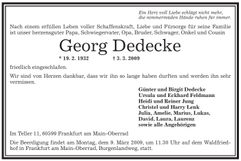 Traueranzeige von Georg Dedecke von OFFENBACH-POST/HANAU-POST