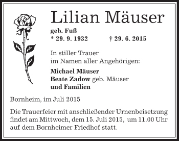 Traueranzeige von Lilian Mäuser von Offenbach