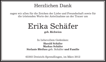 Traueranzeige von Erika Schäfer von OFFENBACH-POST/HANAU-POST