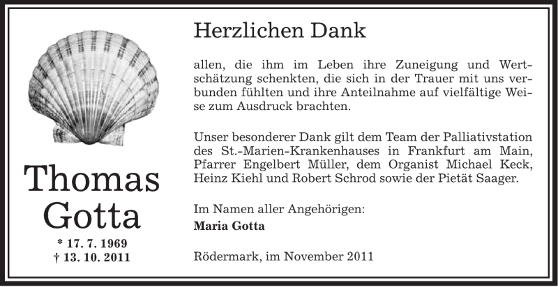  Traueranzeige für Thomas Gotta vom 10.11.2011 aus OFFENBACH-POST/HANAU-POST