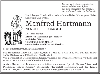 Traueranzeige von Manfred Hartmann von OFFENBACH-POST/HANAU-POST