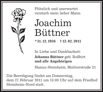 Traueranzeige von Joachim Büttner von OFFENBACH-POST/HANAU-POST