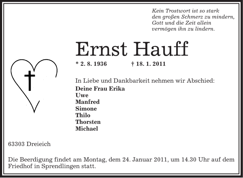  Traueranzeige für Ernst Hauff vom 20.01.2011 aus OFFENBACH-POST/HANAU-POST