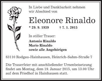 Traueranzeige von Eleonore Rinaldo von Offenbach